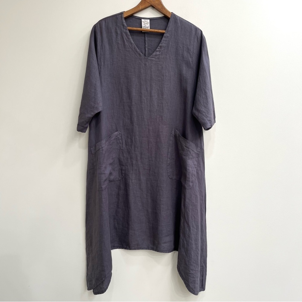 Match Point Lagenlook Linen Dress Pockets Gray 3/4 Sleeves Shark Bite Hem Small